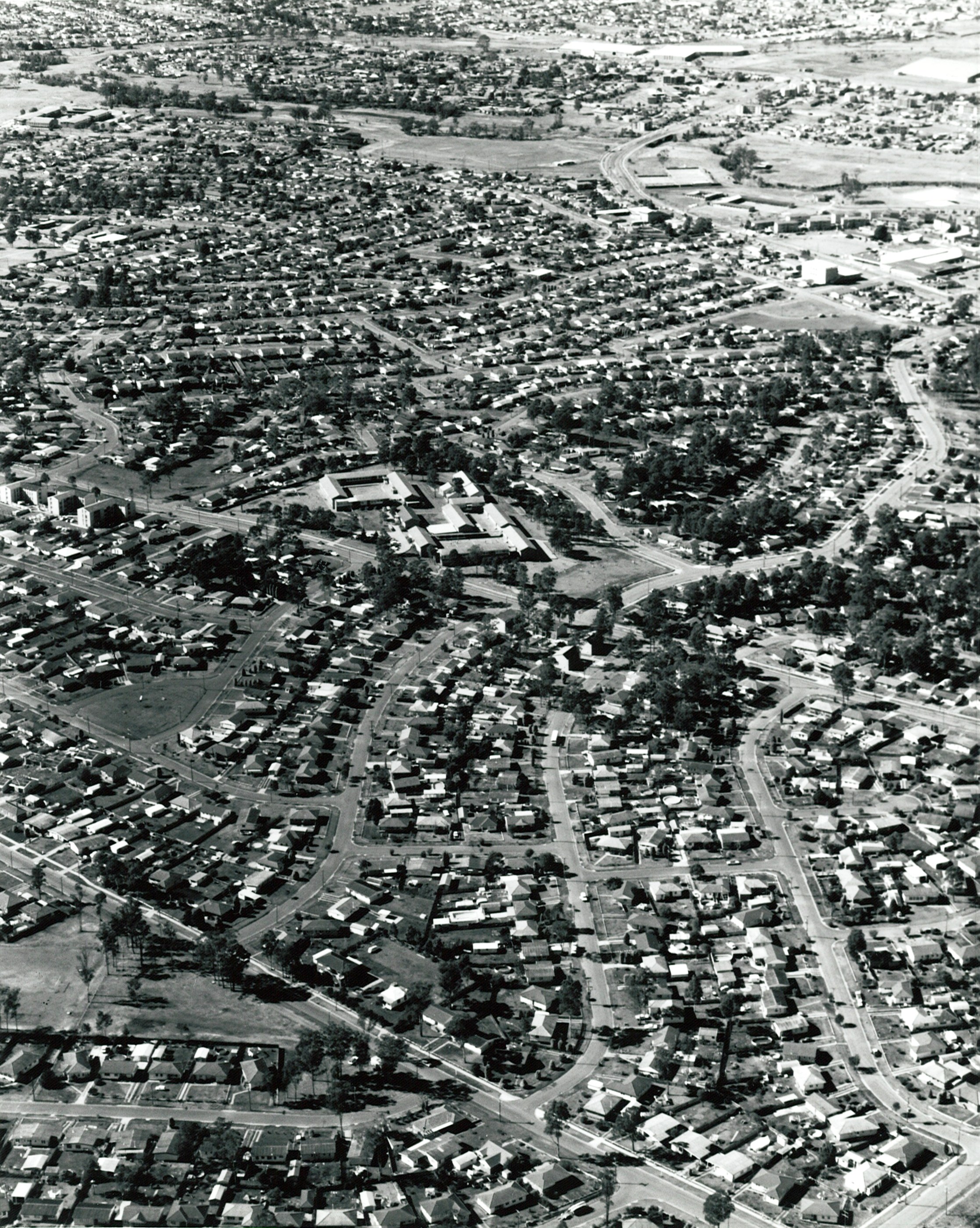 Aerial photograph of Hinchinbrook and Green Valley, circa 1970