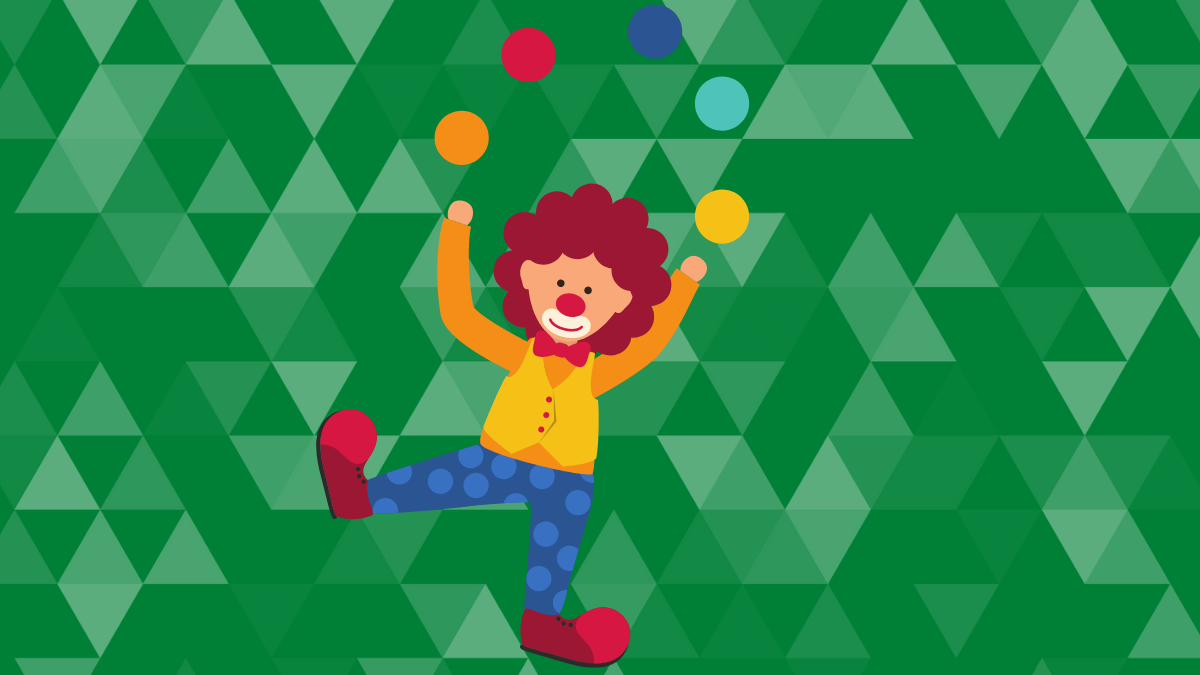 Clown juggling on green background