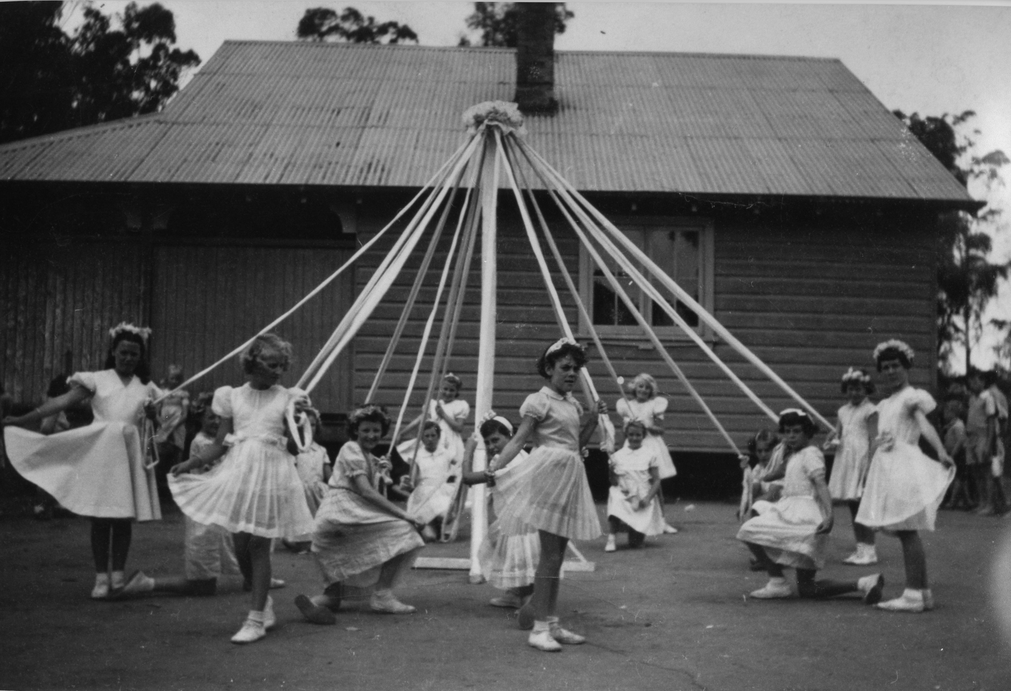 Maypole dancing at Prestons Primary School, 1954