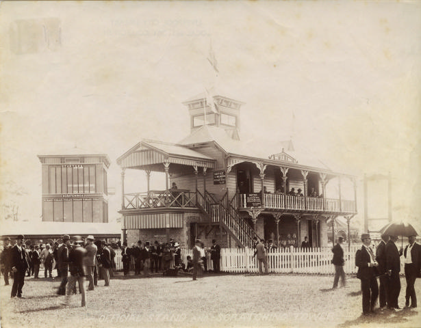 Official stand and scratching tower at Warwick Farm Racecourse, circa 1880